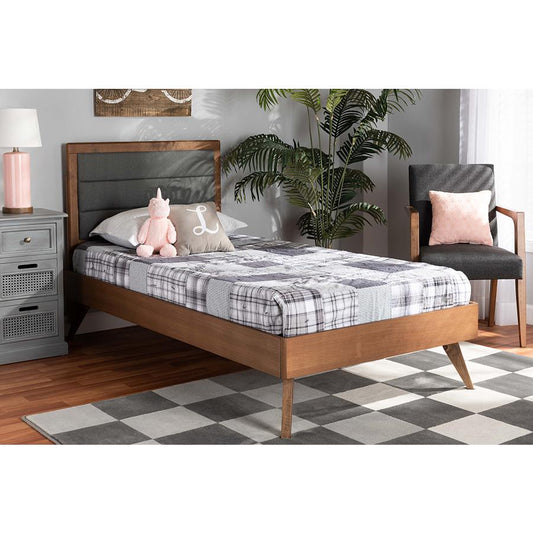 Baxton Studio Linn Mid-Century Modern Dark Grey Fabric Upholstered and Walnut Brown Finished Wood Twin Size Platform Bed | Beds | Modishstore