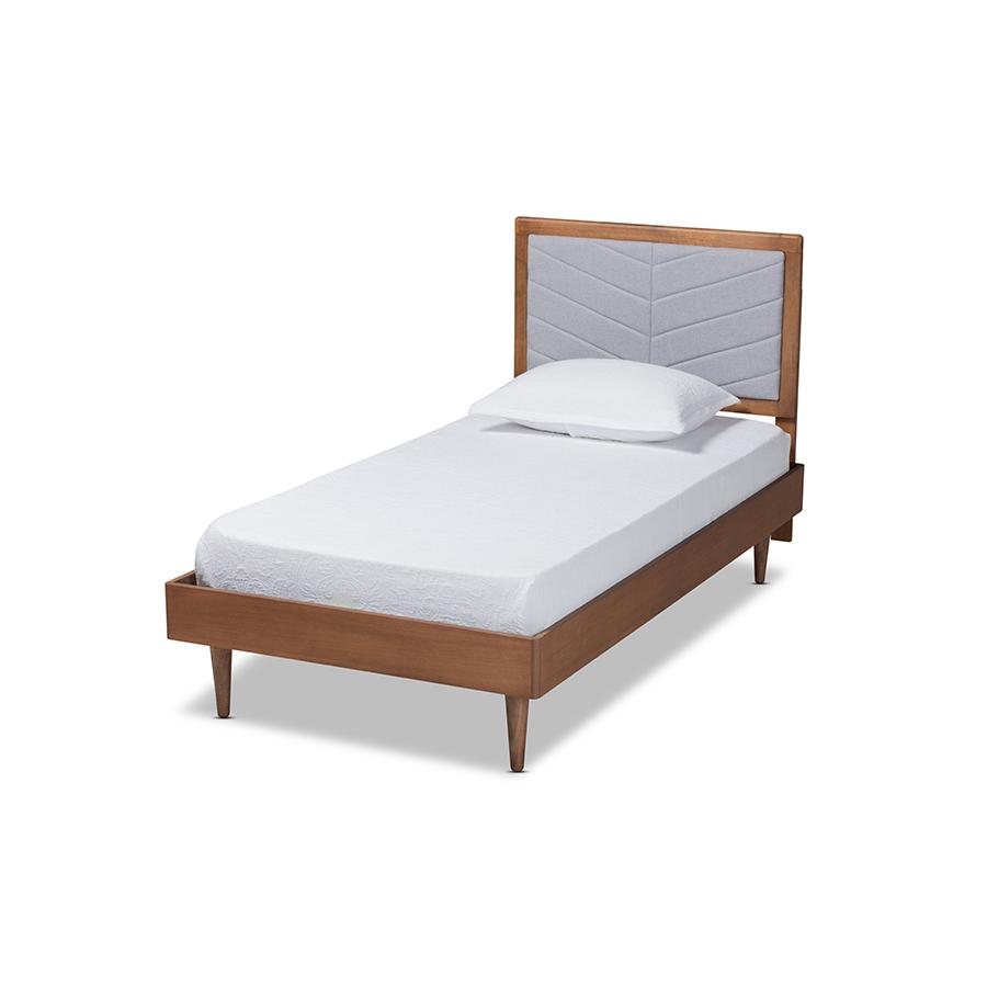 Baxton Studio Tasha Mid-Century Modern Light Grey Fabric Upholstered and Walnut brown Finished Wood Twin Size Platform Bed | Beds | Modishstore - 2