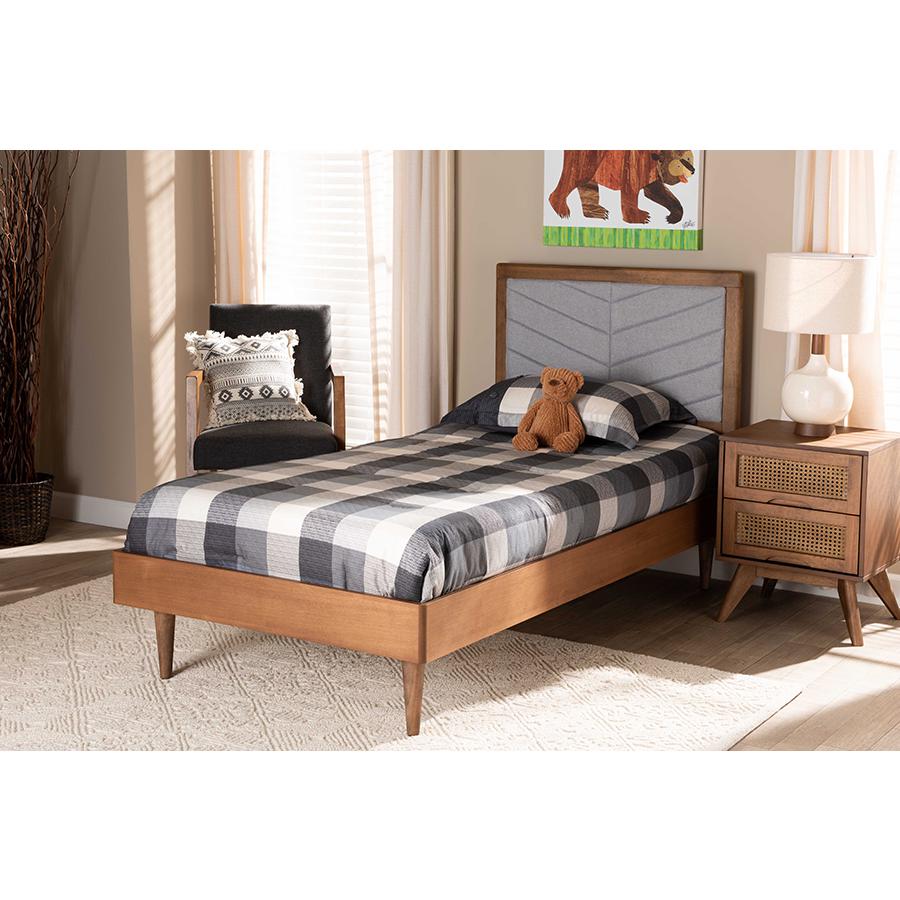 Baxton Studio Tasha Mid-Century Modern Light Grey Fabric Upholstered and Walnut brown Finished Wood Twin Size Platform Bed | Beds | Modishstore