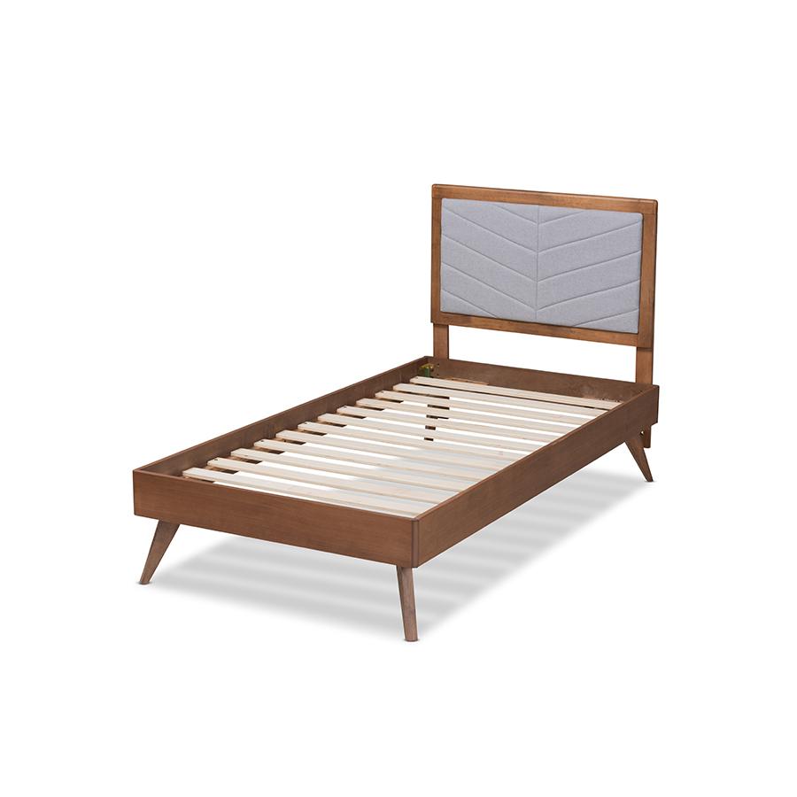 Baxton Studio Roze Mid-Century Modern Light Grey Fabric Upholstered and Walnut brown Finished Wood Twin Size Platform Bed | Beds | Modishstore - 4