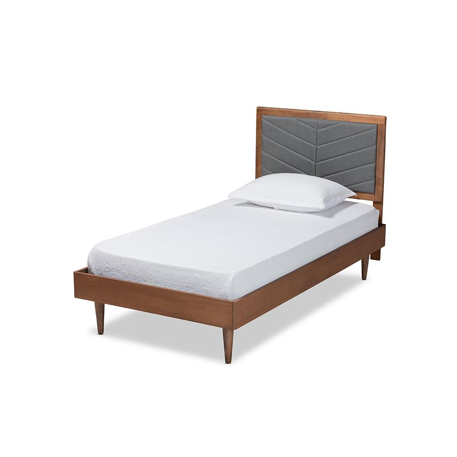 Baxton Studio Tasha Mid-Century Modern Dark Grey Fabric Upholstered and Walnut brown Finished Wood Twin Size Platform Bed | Beds | Modishstore - 2