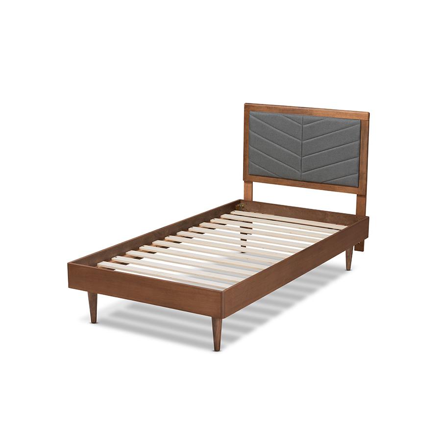 Baxton Studio Tasha Mid-Century Modern Dark Grey Fabric Upholstered and Walnut brown Finished Wood Twin Size Platform Bed | Beds | Modishstore - 4
