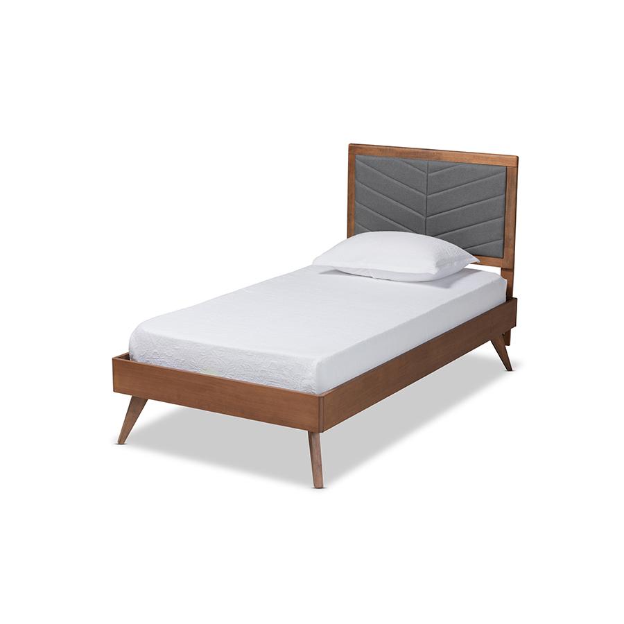 Baxton Studio Roze Mid-Century Modern Dark Grey Fabric Upholstered and Walnut brown Finished Wood Twin Size Platform Bed | Beds | Modishstore - 2