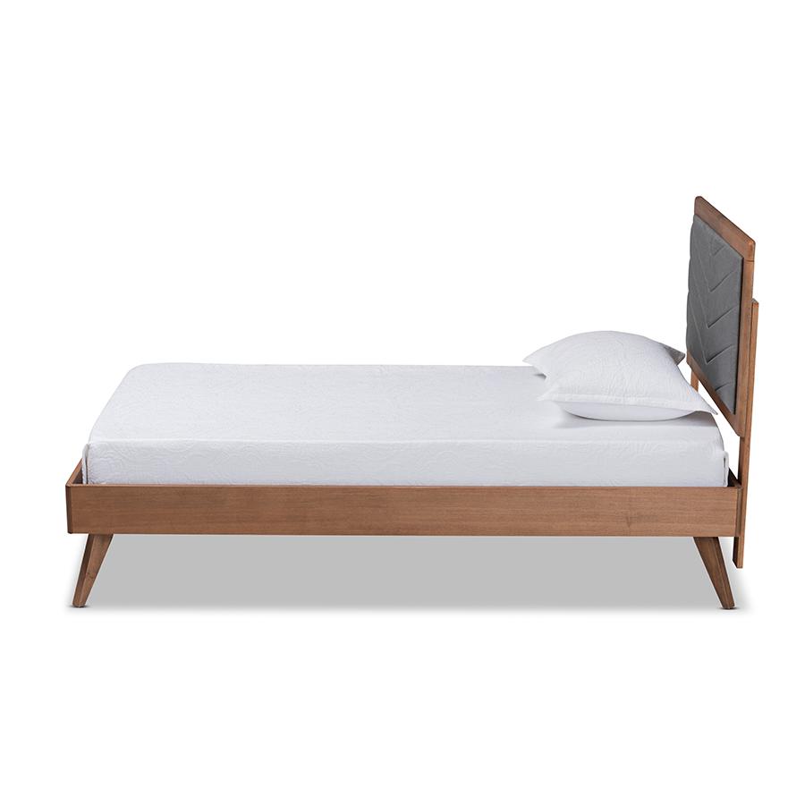 Baxton Studio Roze Mid-Century Modern Dark Grey Fabric Upholstered and Walnut brown Finished Wood Twin Size Platform Bed | Beds | Modishstore - 3