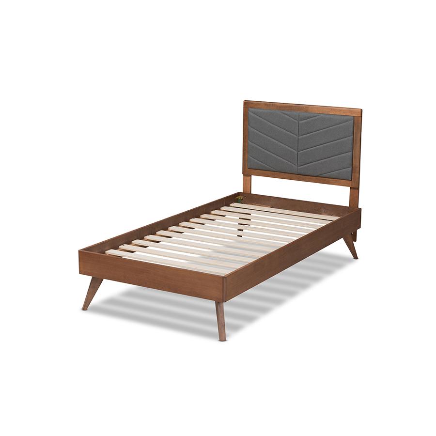 Baxton Studio Roze Mid-Century Modern Dark Grey Fabric Upholstered and Walnut brown Finished Wood Twin Size Platform Bed | Beds | Modishstore - 4
