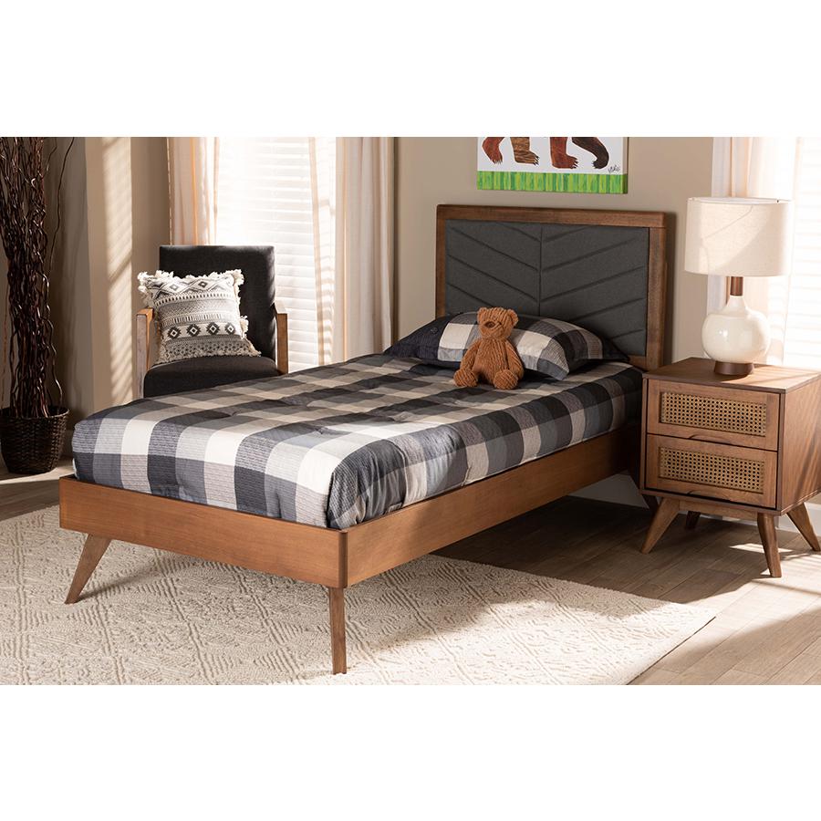 Baxton Studio Roze Mid-Century Modern Dark Grey Fabric Upholstered and Walnut brown Finished Wood Twin Size Platform Bed | Beds | Modishstore
