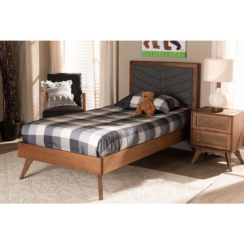 Baxton Studio Roze Mid-Century Modern Dark Grey Fabric Upholstered and Walnut brown Finished Wood Twin Size Platform Bed | Beds | Modishstore