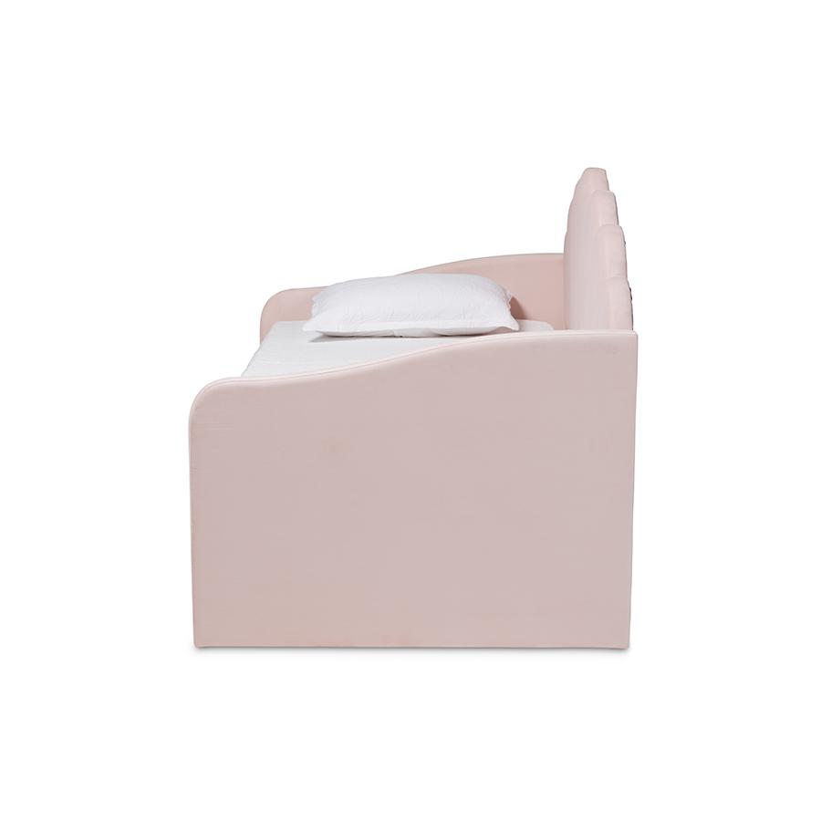 Baxton Studio Timila Modern and Contemporary Light Pink Velvet Fabric Upholstered Full Size Daybed with Trundle | Daybeds | Modishstore - 3