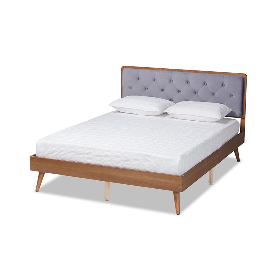 Baxton Studio Larue Modern and Contemporary Grey Velvet Fabric Upholstered and Walnut Brown Finished Wood Full Size Platform Bed | Beds | Modishstore