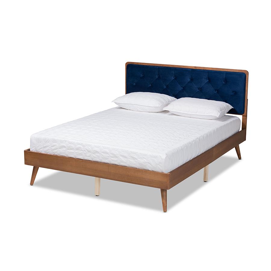 Baxton Studio Larue Modern and Contemporary Navy Blue Velvet Fabric Upholstered and Walnut Brown Finished Wood Full Size Platform Bed | Beds | Modishstore