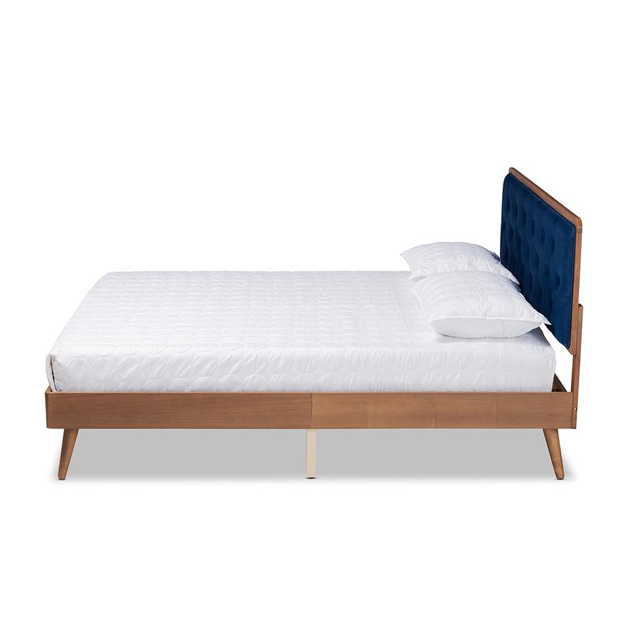 Baxton Studio Larue Modern and Contemporary Navy Blue Velvet Fabric Upholstered and Walnut Brown Finished Wood Full Size Platform Bed | Beds | Modishstore - 2