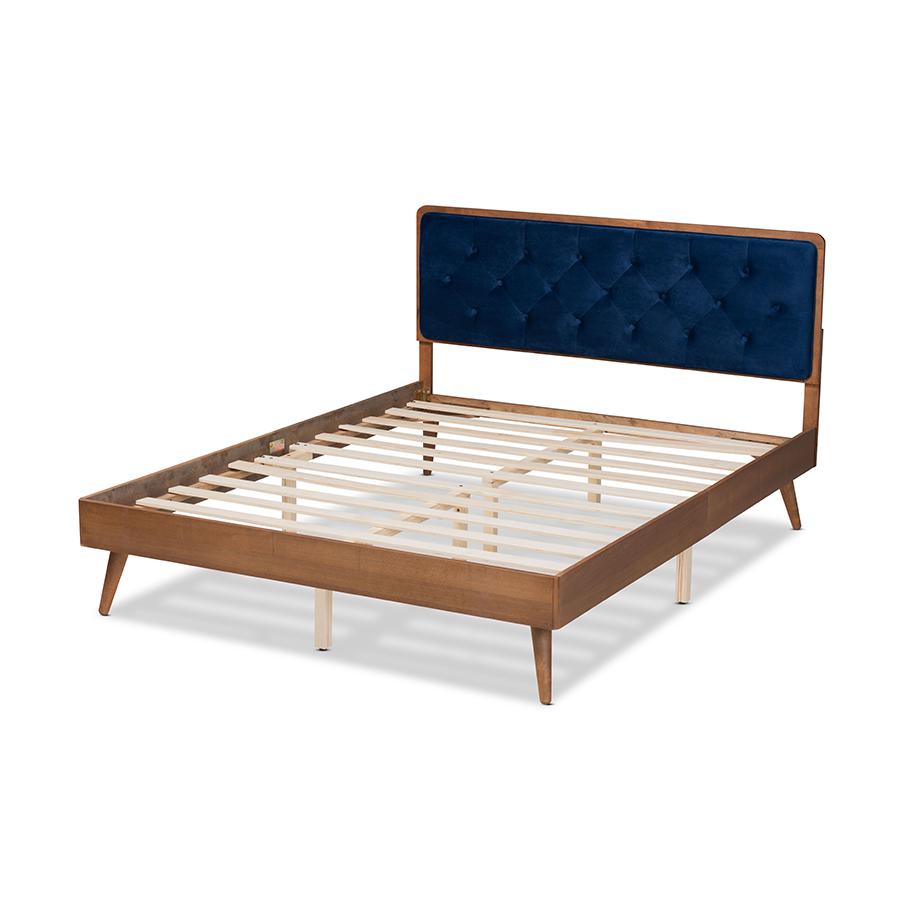 Baxton Studio Larue Modern and Contemporary Navy Blue Velvet Fabric Upholstered and Walnut Brown Finished Wood Full Size Platform Bed | Beds | Modishstore - 3