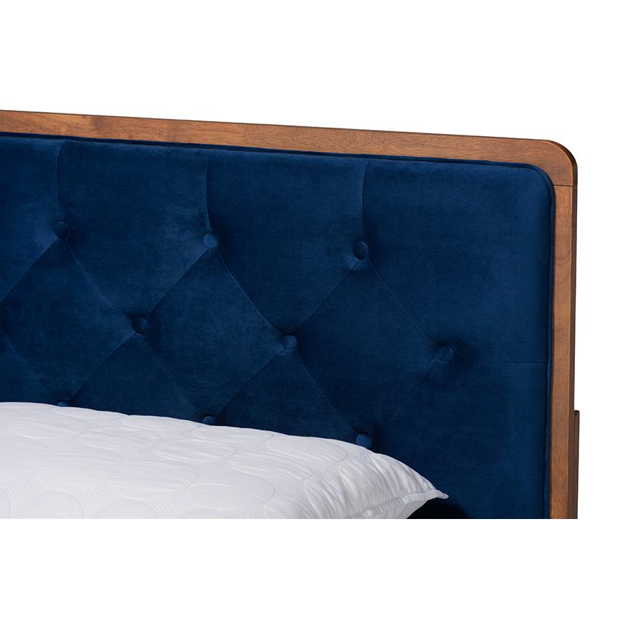 Baxton Studio Larue Modern and Contemporary Navy Blue Velvet Fabric Upholstered and Walnut Brown Finished Wood Full Size Platform Bed | Beds | Modishstore - 4