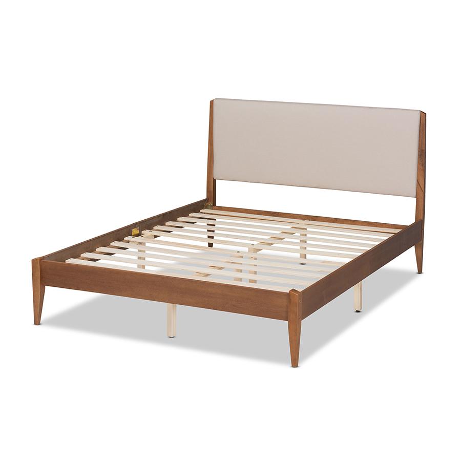 Baxton Studio Lenora Mid-Century Modern Beige Fabric Upholstered and Walnut Brown Finished Wood Full Size Platform Bed | Beds | Modishstore - 4