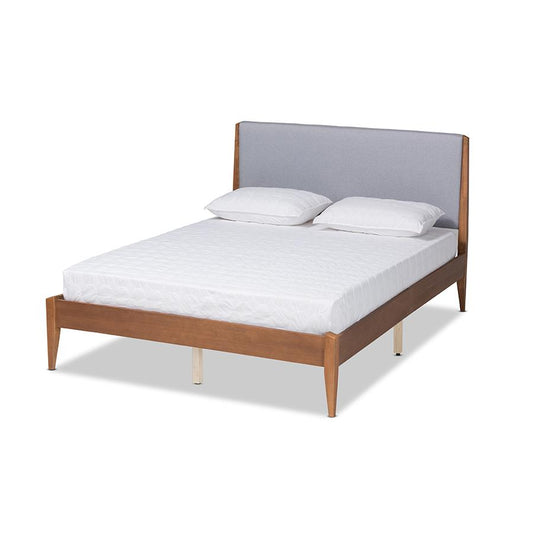 Baxton Studio Lenora Mid-Century Modern Grey Fabric Upholstered and Walnut Brown Finished Wood Full Size Platform Bed | Beds | Modishstore