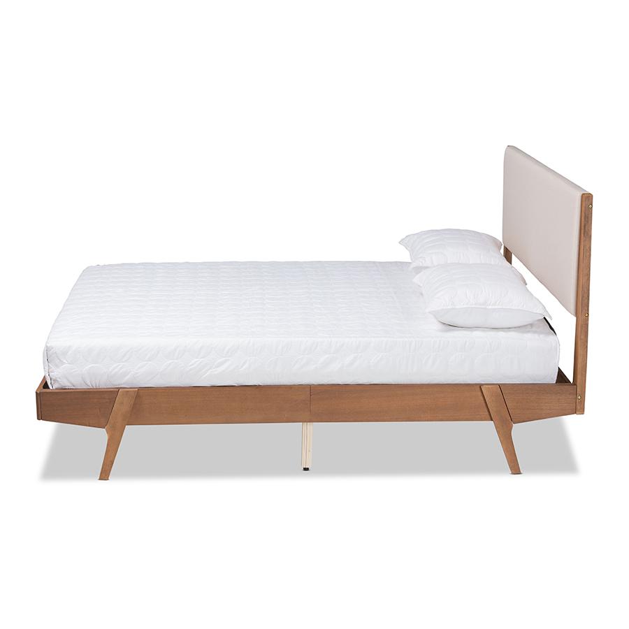 Baxton Studio Senna Mid-Century Modern Beige Fabric Upholstered and Walnut Brown Finished Wood Full Size Platform Bed | Beds | Modishstore - 3