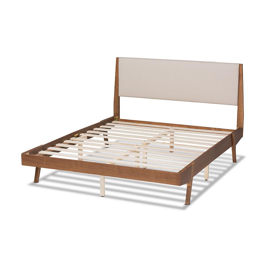Baxton Studio Senna Mid-Century Modern Beige Fabric Upholstered and Walnut Brown Finished Wood Full Size Platform Bed | Beds | Modishstore - 4