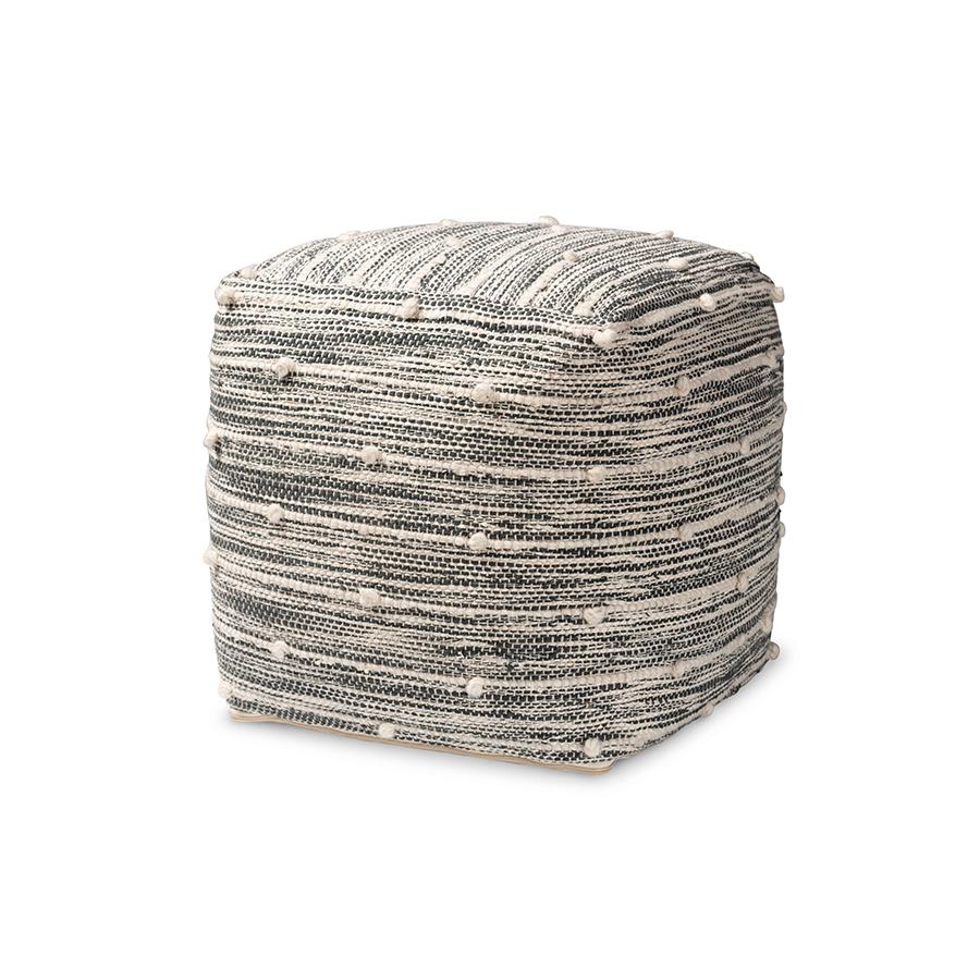Baxton Studio Macaco Modern and Contemporary Moroccan Inspired Dark Grey and Ivory Handwoven Cotton Blend Pouf Ottoman | Ottomans | Modishstore - 2