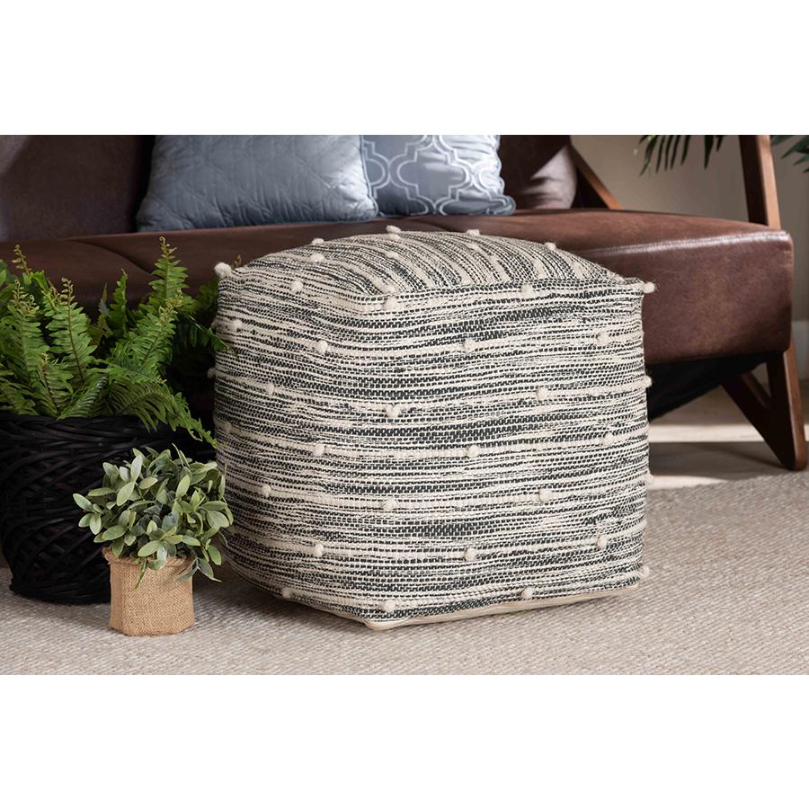 Baxton Studio Macaco Modern and Contemporary Moroccan Inspired Dark Grey and Ivory Handwoven Cotton Blend Pouf Ottoman | Ottomans | Modishstore