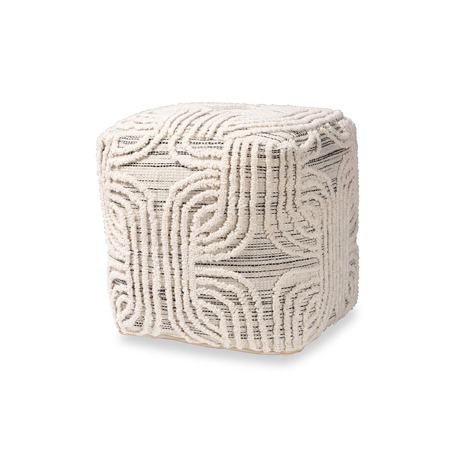 Baxton Studio Arlett Modern and Contemporary Bohemian Ivory and Black Handwoven Wool Blend Pouf Ottoman | Ottomans | Modishstore - 2