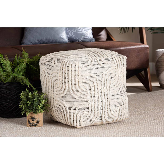Baxton Studio Arlett Modern and Contemporary Bohemian Ivory and Black Handwoven Wool Blend Pouf Ottoman | Ottomans | Modishstore