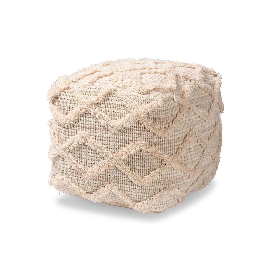 Baxton Studio Carilyn Modern and Contemporary Moroccan Inspired Ivory Handwoven Wool Blend Pouf Ottoman | Ottomans | Modishstore - 2