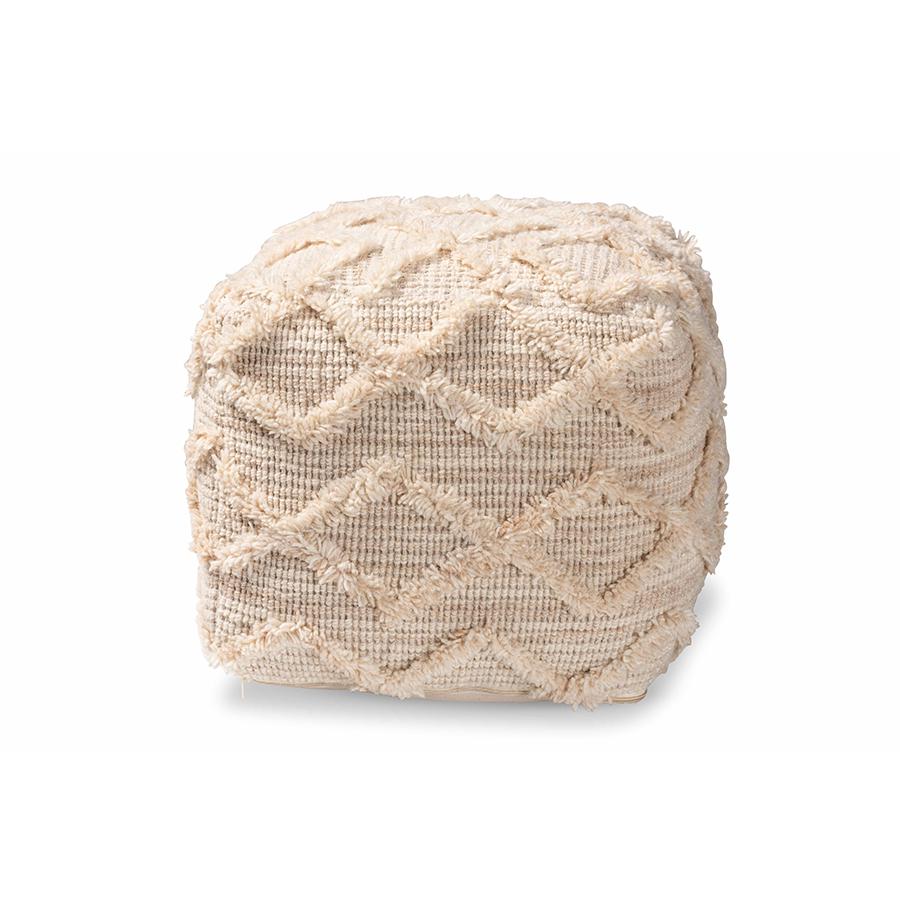 Baxton Studio Carilyn Modern and Contemporary Moroccan Inspired Ivory Handwoven Wool Blend Pouf Ottoman | Ottomans | Modishstore - 3