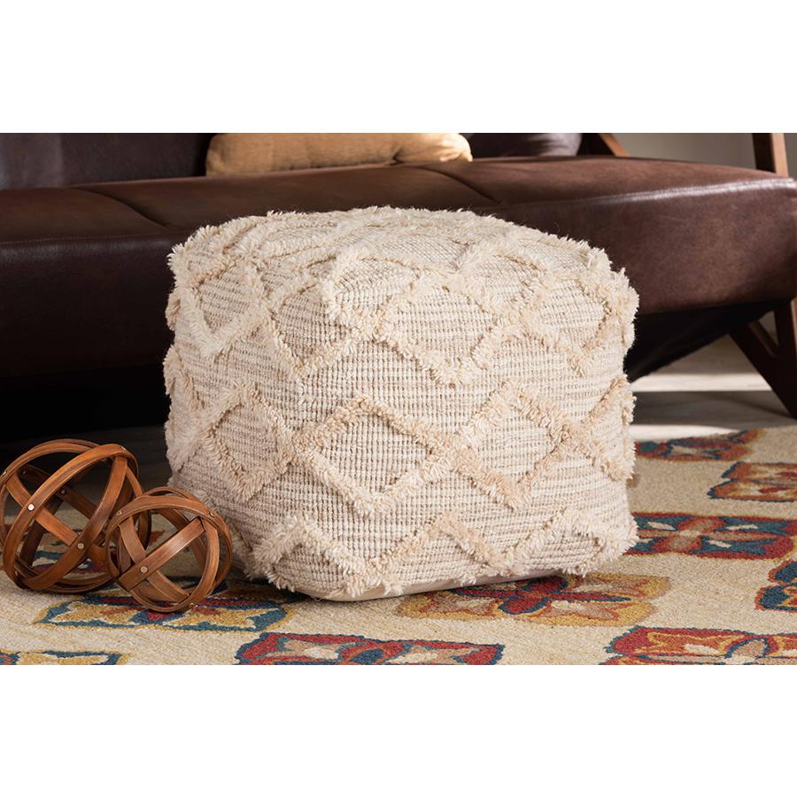 Baxton Studio Carilyn Modern and Contemporary Moroccan Inspired Ivory Handwoven Wool Blend Pouf Ottoman | Ottomans | Modishstore