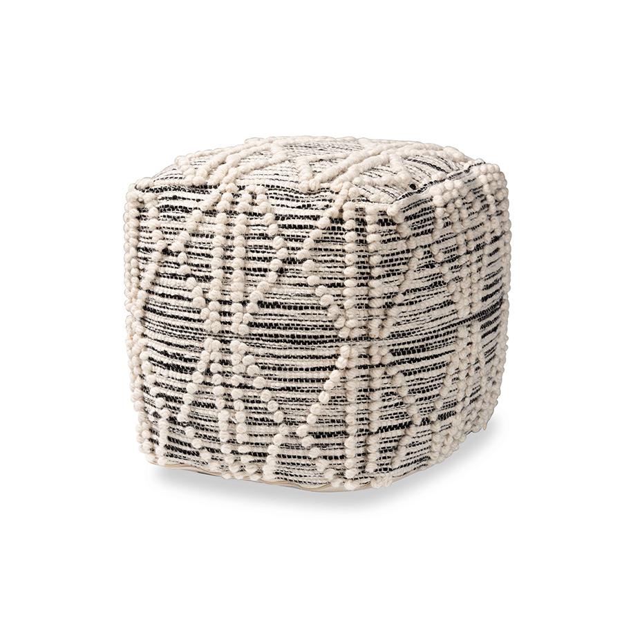 Baxton Studio Sentir Modern and Contemporary Moroccan Inspired Ivory and Black Handwoven Wool Blend Pouf Ottoman | Ottomans | Modishstore - 2
