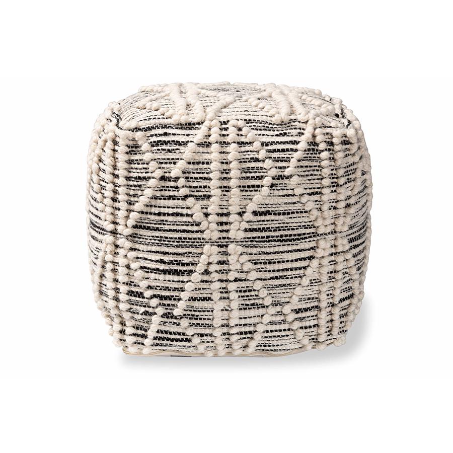 Baxton Studio Sentir Modern and Contemporary Moroccan Inspired Ivory and Black Handwoven Wool Blend Pouf Ottoman | Ottomans | Modishstore - 3