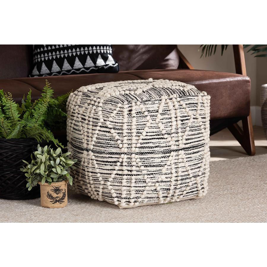 Baxton Studio Sentir Modern and Contemporary Moroccan Inspired Ivory and Black Handwoven Wool Blend Pouf Ottoman | Ottomans | Modishstore