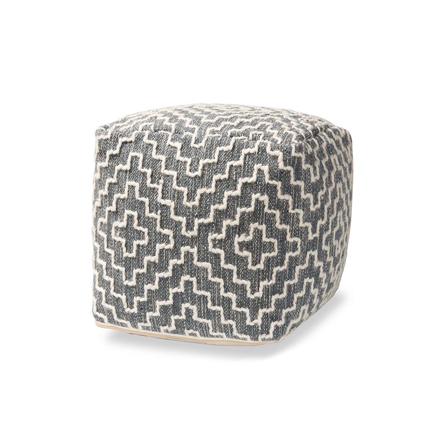 Baxton Studio Benjamin Modern and Contemporary Bohemian Grey and Ivory Handwoven Cotton Blend Pouf Ottoman | Ottomans | Modishstore - 2