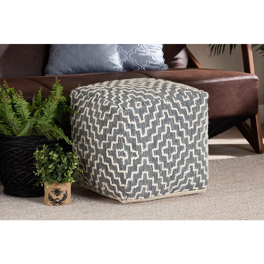 Baxton Studio Benjamin Modern and Contemporary Bohemian Grey and Ivory Handwoven Cotton Blend Pouf Ottoman | Ottomans | Modishstore