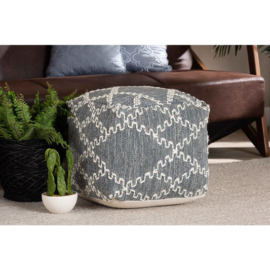 Baxton Studio Geyne Modern and Contemporary Bohemian Grey and Ivory Handwoven Cotton Blend Pouf Ottoman | Ottomans | Modishstore