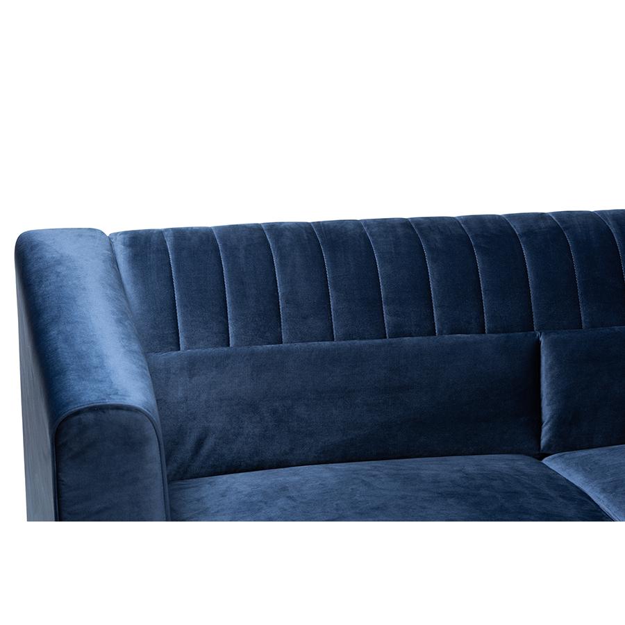 Baxton Studio Morton Mid-Century Modern Contemporary Navy Blue Velvet Fabric Upholstered and Dark Brown Finished Wood Sectional Sofa with Right Facing Chaise | Sofas | Modishstore - 4