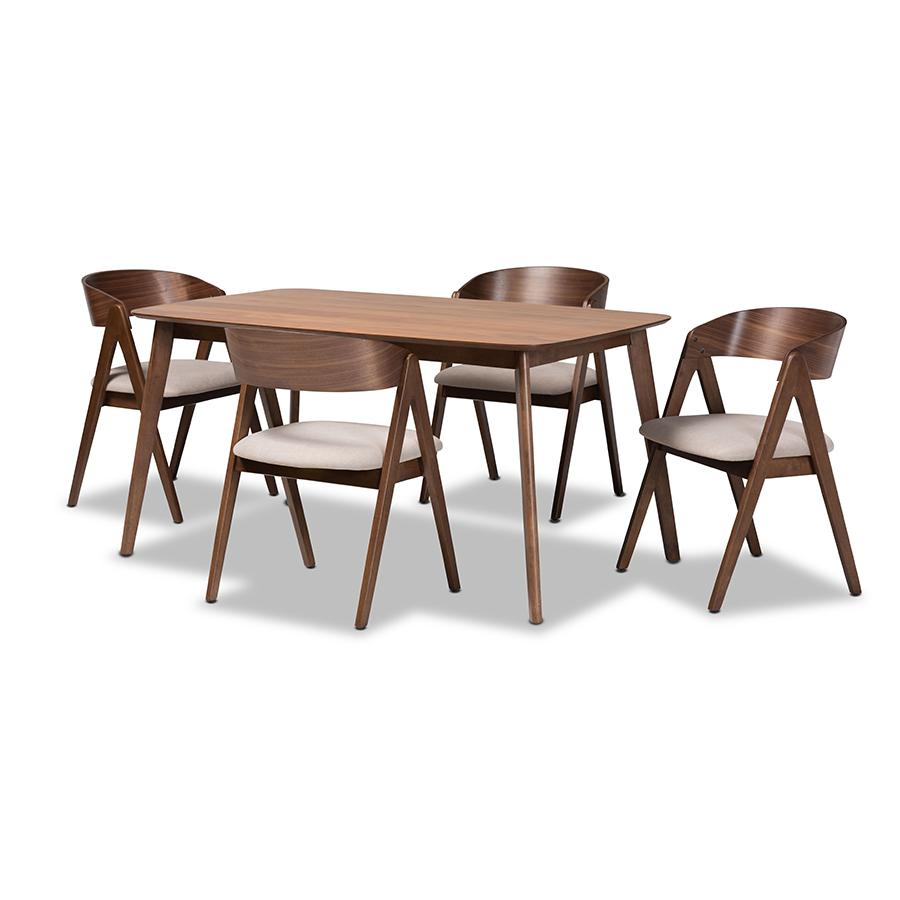 Baxton Studio Danton Mid-Century Modern Beige Fabric Upholstered and Walnut Brown Finished Wood 5-Piece Dining Set | Dining Sets | Modishstore - 2