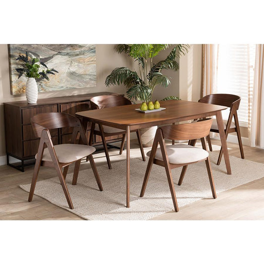 Baxton Studio Danton Mid-Century Modern Beige Fabric Upholstered and Walnut Brown Finished Wood 5-Piece Dining Set | Dining Sets | Modishstore