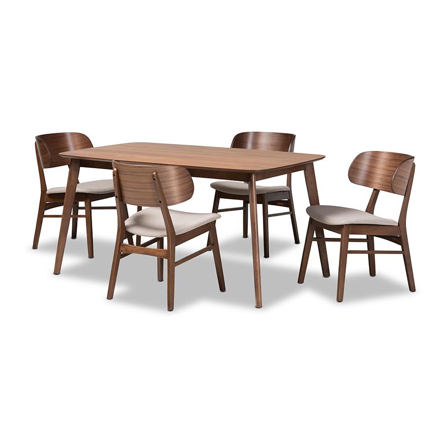 Baxton Studio Alston Mid-Century Modern Beige Fabric Upholstered and Walnut Brown Finished Wood 5-Piece Dining Set | Dining Sets | Modishstore - 2