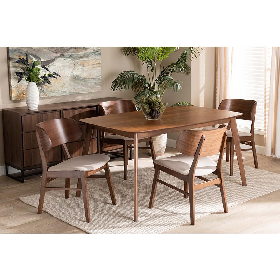 Baxton Studio Alston Mid-Century Modern Beige Fabric Upholstered and Walnut Brown Finished Wood 5-Piece Dining Set | Dining Sets | Modishstore
