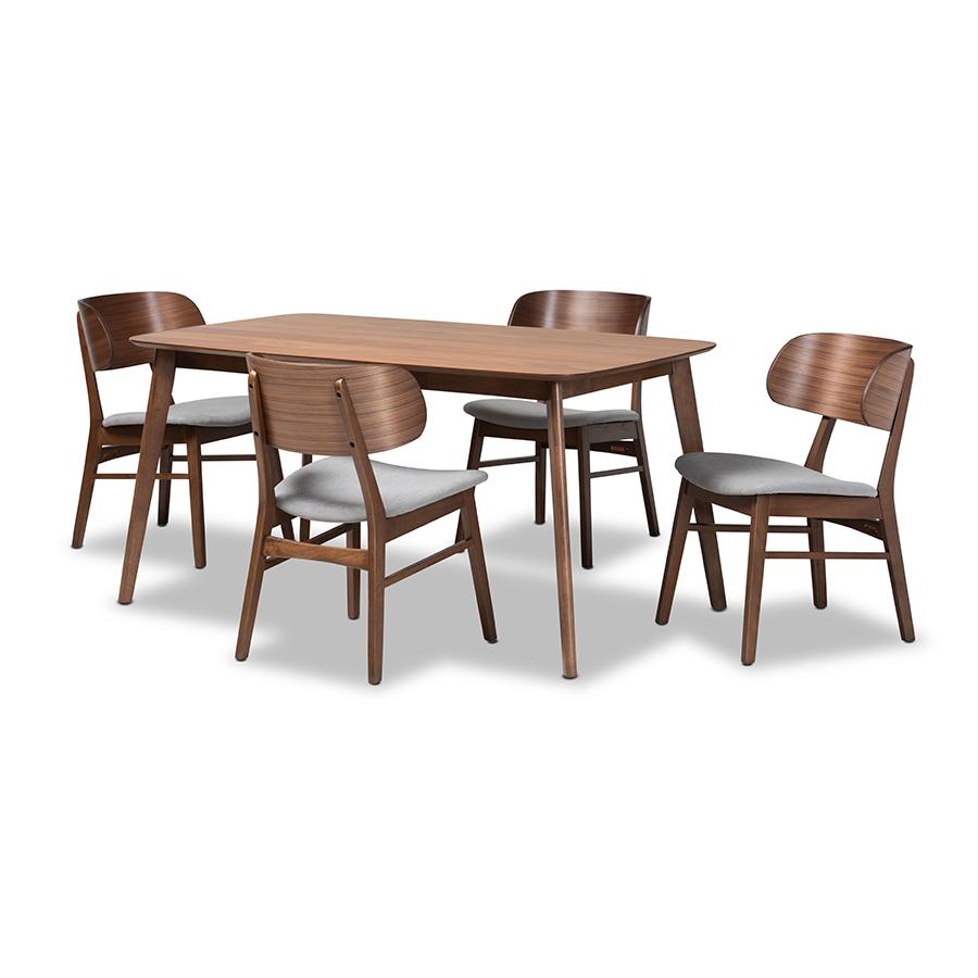 Baxton Studio Alston Mid-Century Modern Grey Fabric Upholstered and Walnut Brown Finished Wood 5-Piece Dining Set | Dining Sets | Modishstore - 2