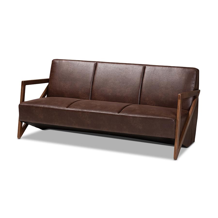 Baxton Studio Christa Mid-Century Modern Transitional Dark Brown Faux Leather Effect Fabric Upholstered and Walnut Brown Finished Wood Sofa | Sofas | Modishstore - 2