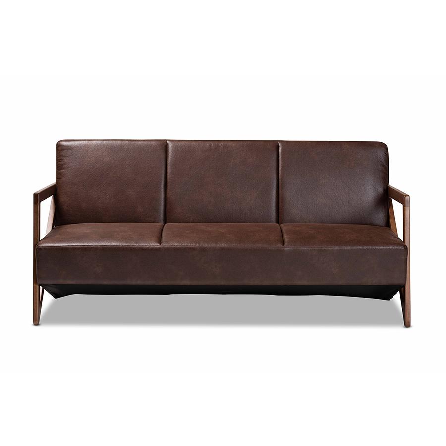 Baxton Studio Christa Mid-Century Modern Transitional Dark Brown Faux Leather Effect Fabric Upholstered and Walnut Brown Finished Wood Sofa | Sofas | Modishstore - 3