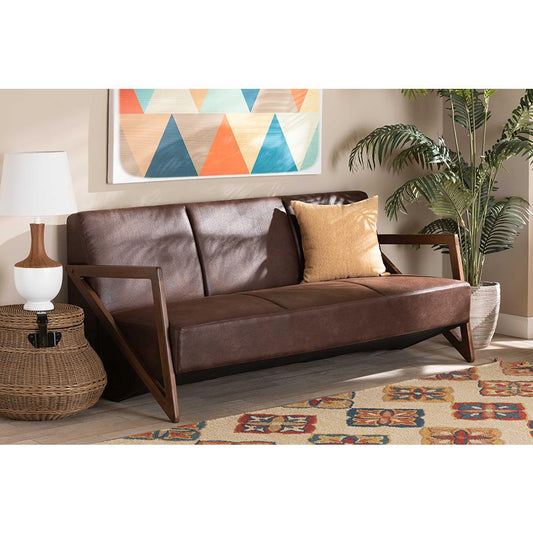 Baxton Studio Christa Mid-Century Modern Transitional Dark Brown Faux Leather Effect Fabric Upholstered and Walnut Brown Finished Wood Sofa | Sofas | Modishstore