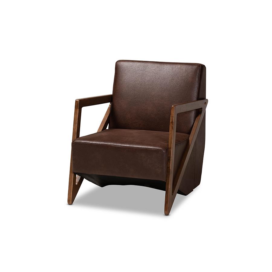 Baxton Studio Christa Mid-Century Modern Transitional Dark Brown Faux Leather Effect Fabric Upholstered and Walnut Brown Finished Wood Accent Chair | Accent Chairs | Modishstore - 2