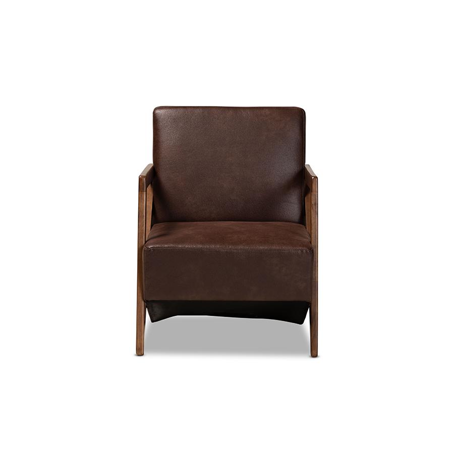 Baxton Studio Christa Mid-Century Modern Transitional Dark Brown Faux Leather Effect Fabric Upholstered and Walnut Brown Finished Wood Accent Chair | Accent Chairs | Modishstore - 3
