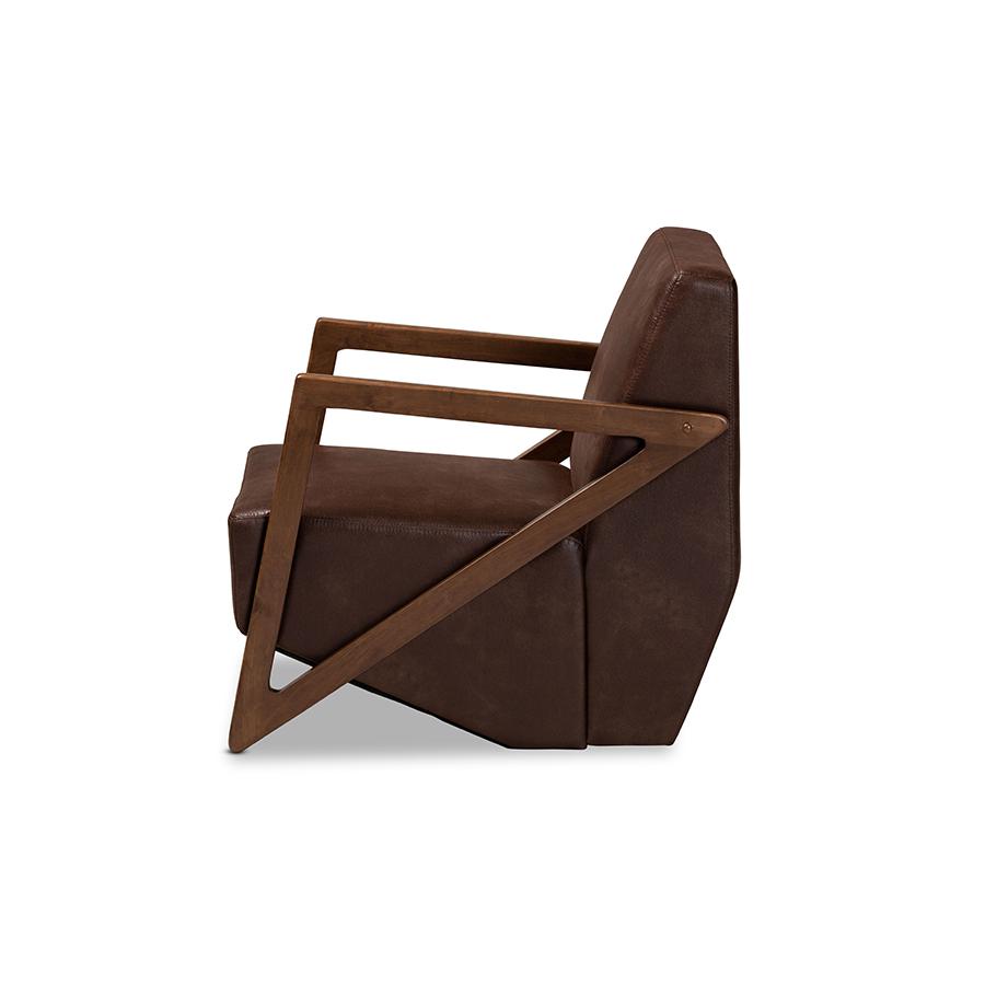 Baxton Studio Christa Mid-Century Modern Transitional Dark Brown Faux Leather Effect Fabric Upholstered and Walnut Brown Finished Wood Accent Chair | Accent Chairs | Modishstore - 4