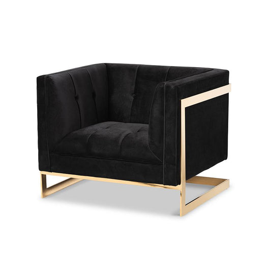 Baxton Studio Ambra Glam and Luxe Black Velvet Fabric Upholstered and Button Tufted Armchair with Gold-Tone Frame | Armchairs | Modishstore