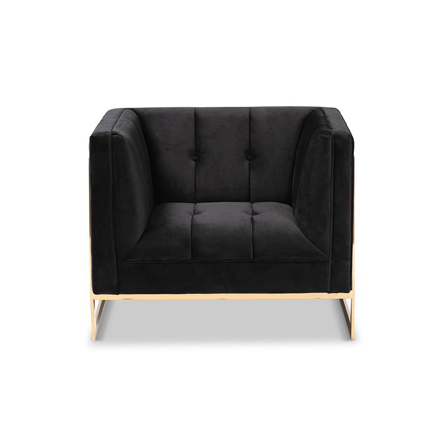 Baxton Studio Ambra Glam and Luxe Black Velvet Fabric Upholstered and Button Tufted Armchair with Gold-Tone Frame | Armchairs | Modishstore - 2
