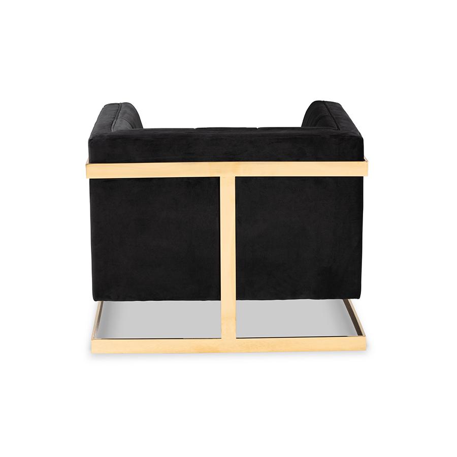 Baxton Studio Ambra Glam and Luxe Black Velvet Fabric Upholstered and Button Tufted Armchair with Gold-Tone Frame | Armchairs | Modishstore - 4