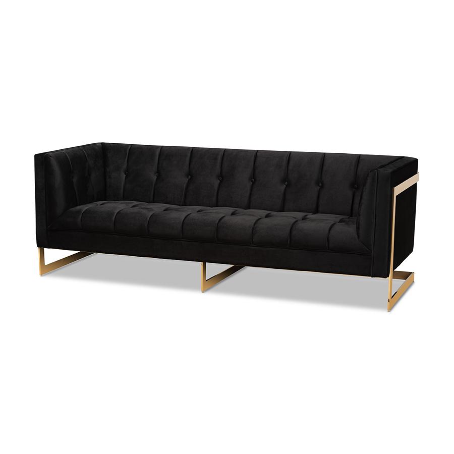 Baxton Studio Ambra Glam and Luxe Black Velvet Upholstered and Button Tufted Sofa with Gold-Tone Frame | Sofas | Modishstore - 2